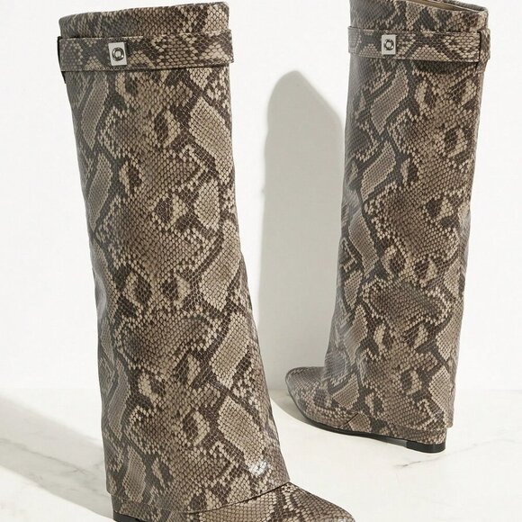 Multicolor Bohemian Women's Pointy Toe Wedge Heel PU Leather Knee High Boots - Picture 3 of 5